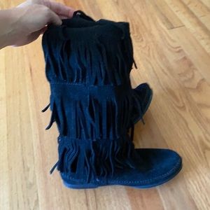 Black Knee High Fringe Moccasins